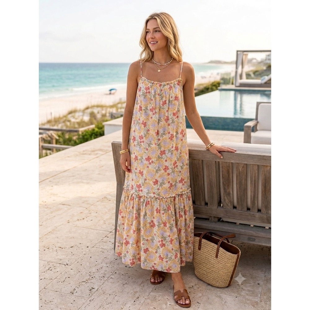 Vernacular Tan Yellow Sage Floral Tiered Maxi Dress S‎ Coastal Euro Summer Boho